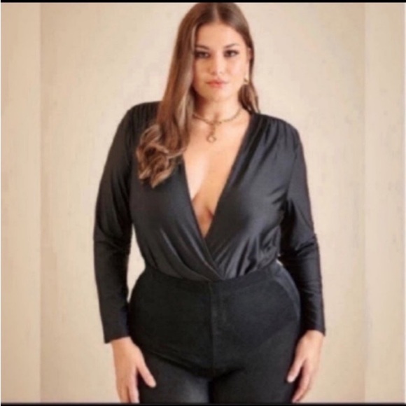 Tops - Plus Black Plunging Neck Black Bodysuit